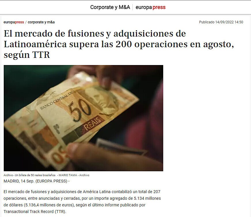 El mercado de fusiones y adquisiciones de Latinoamrica supera las 200 operaciones en agosto, segn TTR